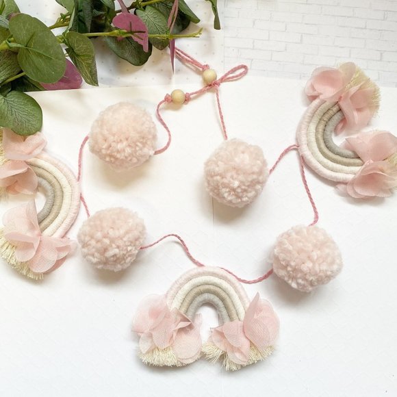 Macrame Rainbow Garland, Pom Pom Rainbow Garland, Yarn Macrame Mini Rainbows - Picture 2 of 6